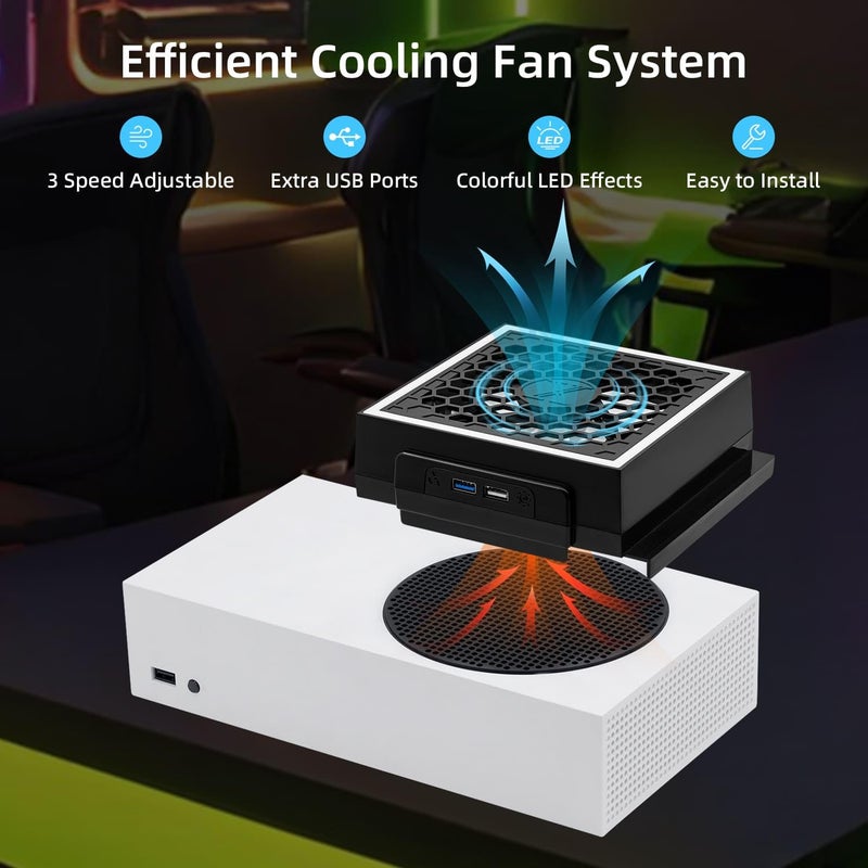 Mcbazel Cooling Fan for Xbox Series S, RGB LED Display, Low Noise, 2 Extra USB Ports, 3 Level Adjustable Speed External Cooler Fan for Xbox Series S Console Only - Black - Image 2